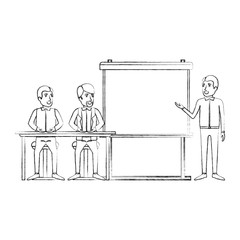 blurred silhouette pair of man sitting in a desk for executive lecturer in presentacion business people vector illustration