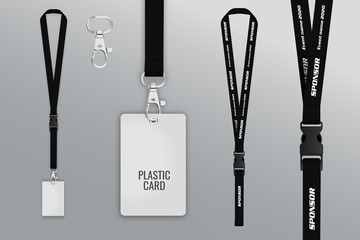 Set of lanyard and badge. Template for presentation of their design. Realistic vector illustration - obrazy, fototapety, plakaty