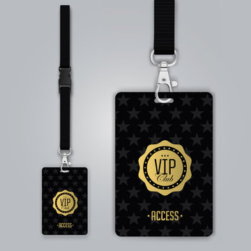 Set of lanyard and badge. Design example vip pass. Template vector illustration.