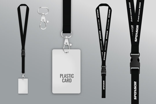 Set of lanyard and badge. Template for presentation of their design. Realistic vector illustration
