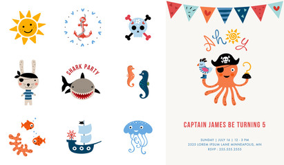 Pirate Birthday Invitation. Vector illustration.
