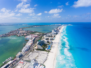 Drone View of Cancun Mexico- Beautiful daytime view of water and land - obrazy, fototapety, plakaty