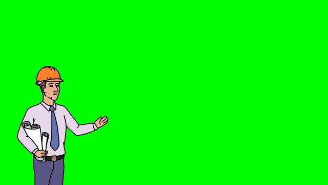 Animated Character Builder or Architect stands in the foreground and says, smooth contour, green screen