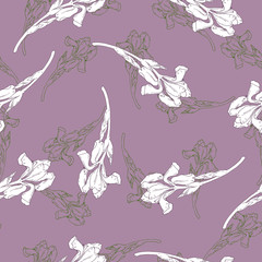 Seamless pattern with silhouette iris flowers on pastel lilac background. Hand drawn vector illustration.