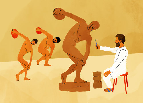 Man using perspective to make discobolus sculpture