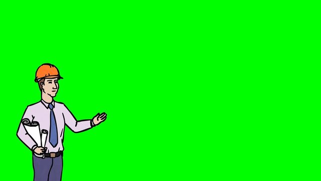 Animated Character Builder or Architect stands in the foreground and says, curve contour, green screen