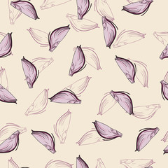 Seamless pattern with onion slices on pastel pink background. Hand drawn vector illustration.