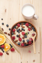 Healthy breakfast ingredients on wood table, Healthy food concept