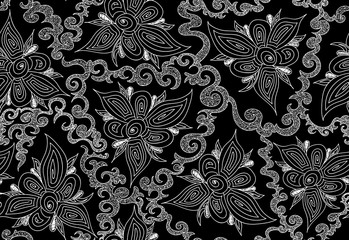 Abstract vector seamless pattern with decorative handwritten flowers and curling wavy lines