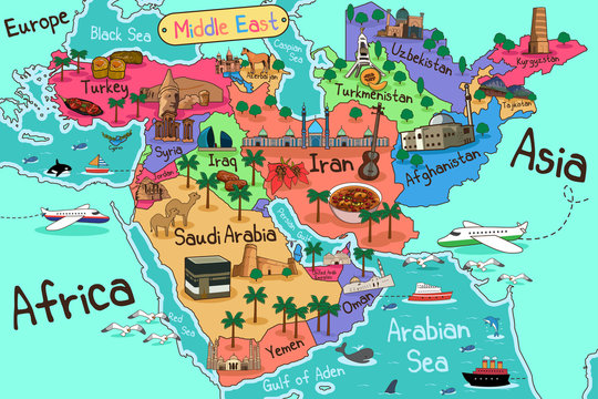 Middle East Countries Map in Cartoon Style