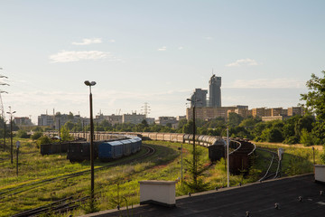 Fototapeta na wymiar Cargo trains in Gdynia (Poland) with the panorama of the city in the background