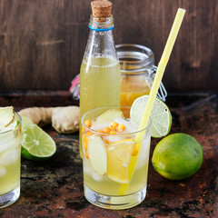 Ice lemonade with lime, lemon and ginger.
