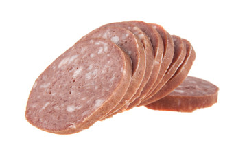 Salami slices isolated on white background