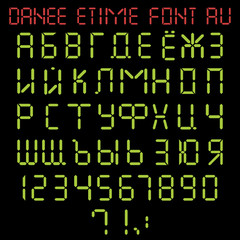 Digital russian alphabet with capital letters and numbers in style of electronic watch. E-time font. Vector illustration