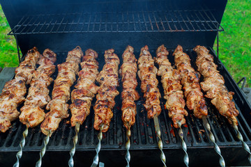 Juicy slices of meat with sauce prepare on fire