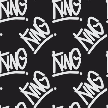 Graffiti style seamless pattern with text 'King'. Handwritten calligraphy texture for print, textile, t-shirt, fabric, wallpaper, card , poster, home decor, packaging, and wrapping paper.