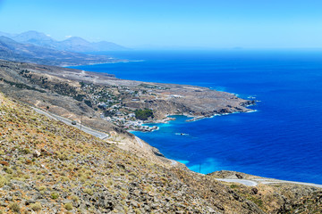 Fototapeta na wymiar View from the moutain to the sea (Ilingas, Chora Sfakion, Crete, Greece)