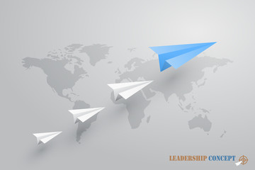 Leadership concept with header blue and crew white plane on world map background. Origami paper style with shadow.