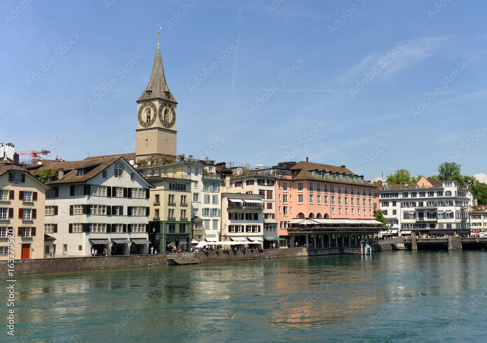 Sticker zurich cityscape with st. peter church, switzerland