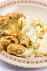 White chicken meat with sauce on the plate in closeup macro.