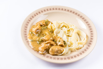 White chicken meat with sauce on the plate in closeup macro.