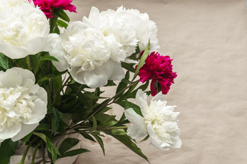 White and purple peonies. Bouquet of peonies.