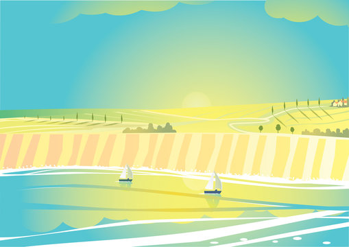Yacht on the sea, sunny summer landscapes. Vector illustration