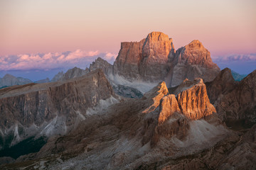 Sunset over dolomite mountain peak, Italy