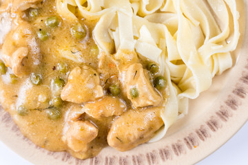 Flat lay chicken breasts with sauce and pasta.