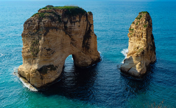 rock formation in the sea - Pigeons Rock / Sabah Nassar's Rock / Raouche in Beirut, Lebanon