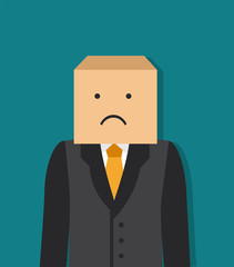 Tired businessman put on a box on her head and painted a cheerful face