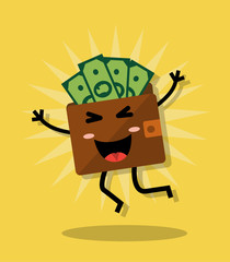 Happy cartoon jumping purse with money