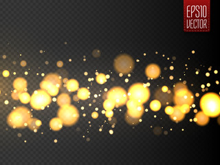 Golden bokeh lights with glowing particles isolated. Vector Christmas concept