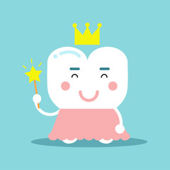 Cute cartoon tooth character in a pink dress and gold crown holding magic wand, dental vector Illustration for kids