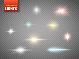Set of color lights, flares isolated on transparent background.