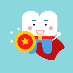 Cute cartoon tooth character as superhero, dental vector Illustration for kids