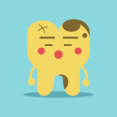 Unhappy cartoon tooth character with decay problems, dental vector Illustration for kids