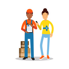 Delivery man handing over a parcel to customer cartoon characters vector Illustration