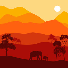 vector landscape with elephants