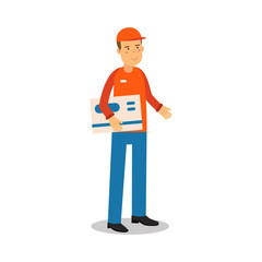 Delivery service worker standing and holding big envelope, courier in uniform at work cartoon character vector Illustration