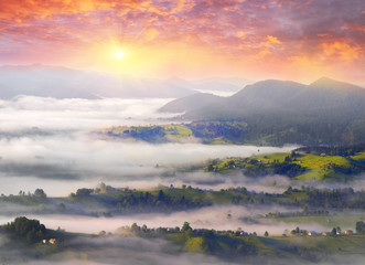 Dawn over the village of Verkhovyna