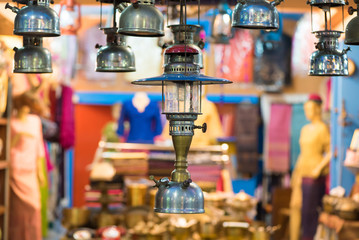Hanged lamp in Antique store at market of Thailand.