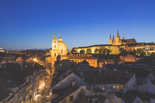 Prague Castle and Mala Strana district during spring sunset