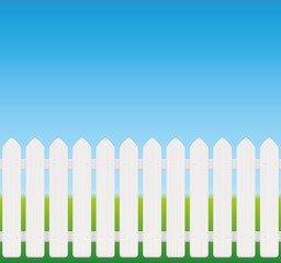 White picket fence, comic style, wooden texture - seamless expandable - isolated vector illustration on green to sky blue gradient.