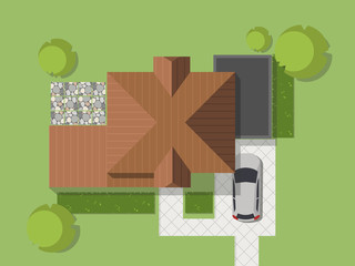 Top view of a country with house, courtyard, lawn and garage. Top view of a house. Vector illustration.