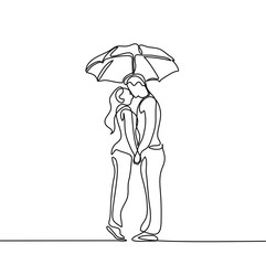 Romantic young couple kissing under umbrella. Vector continuous line drawing