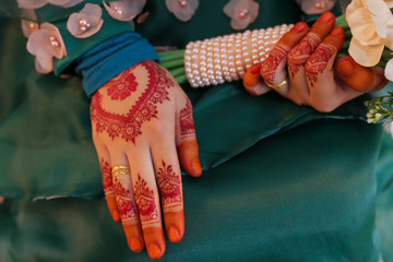 female hand, image of mehendi henna pattern. Short manicure nails. Beautiful composition, fabric...