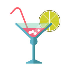 Pink cocktail in martini glass with straw and lime