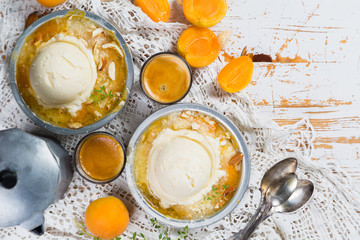 Apricot crumble with vanilla ice cream