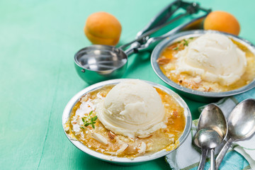 Apricot crumble with vanilla ice cream